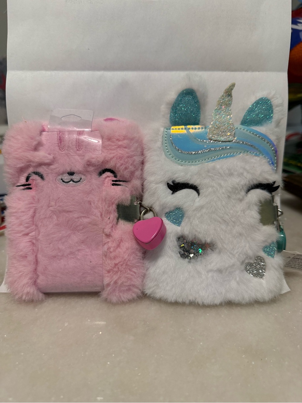 Claire’s Fuzzy Pink Cat & Unicorn Lockable Journals with Heart Lock
